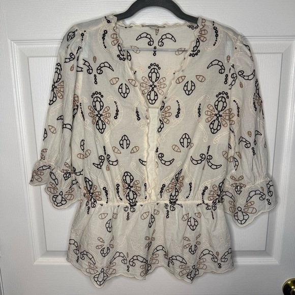 Cato Cream and Brown Embroidered Boho Blouse 100% Cotton GUC - Picture 1 of 7